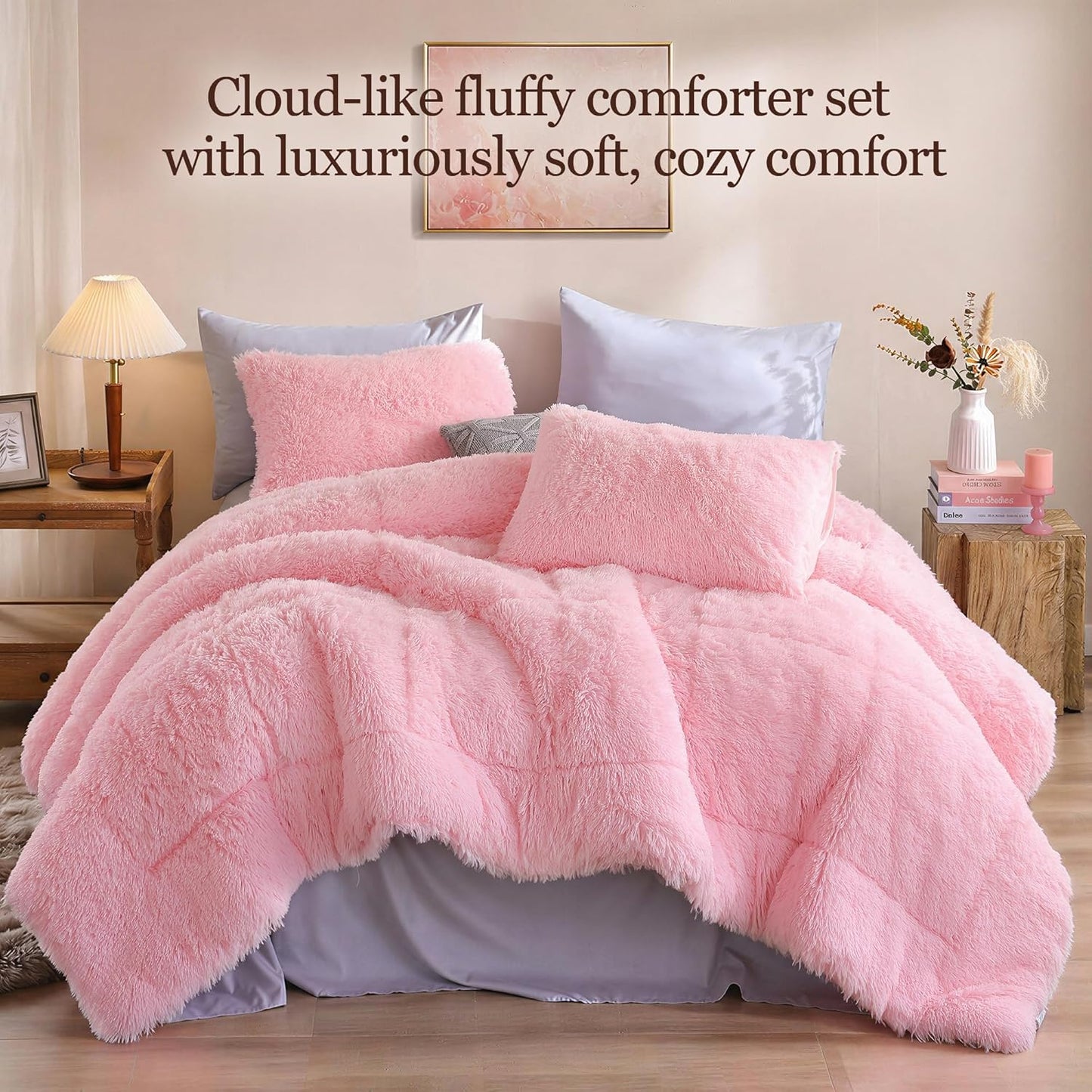 Fluffy Queen Comforter Set, Faux Fur Pink Comforter Set Queen Size, Luxury Fuzzy Bedding Set, Soft Shaggy Bed Set Pink for All Season, 3 Pieces - 1 Comforter & 2 Pillowcases