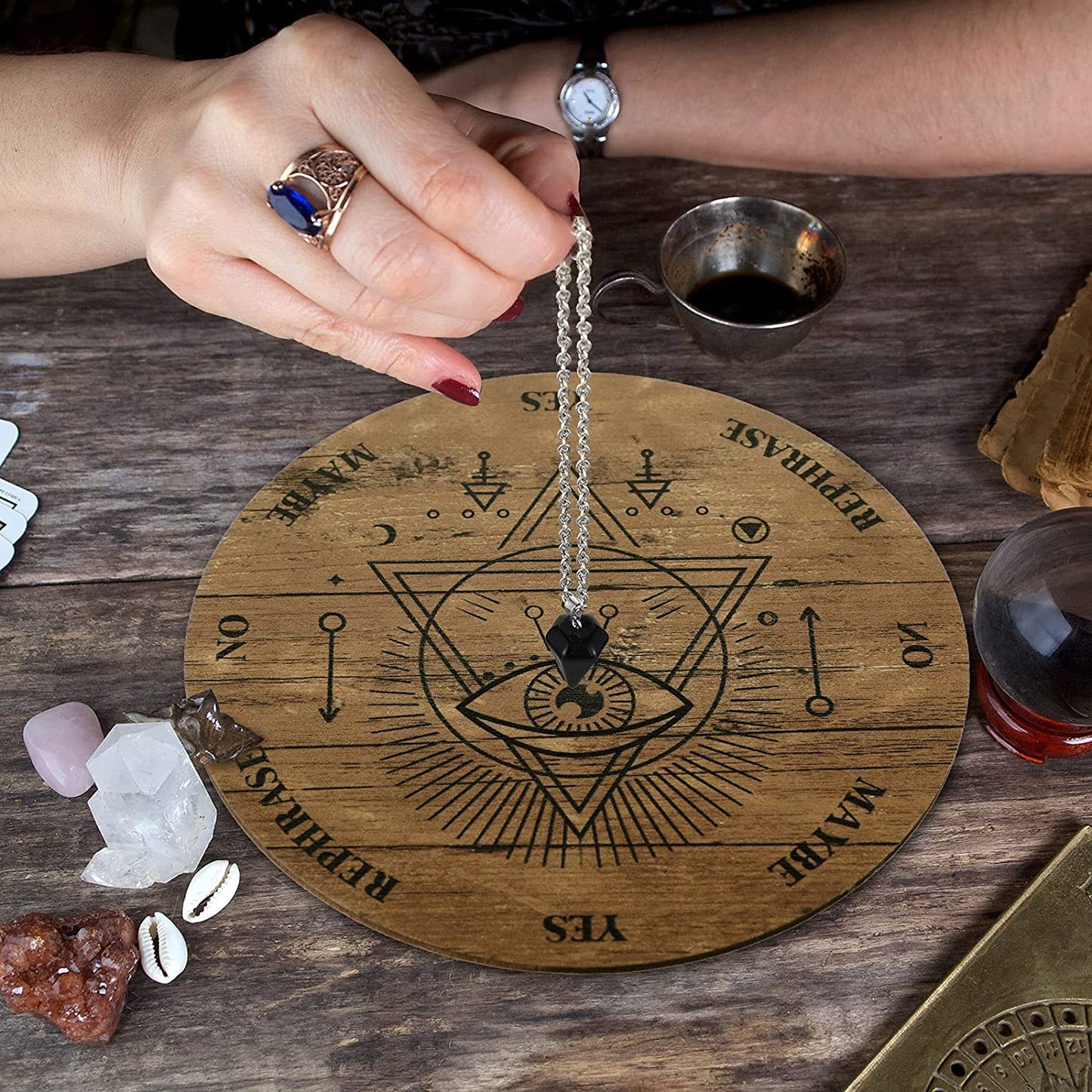 Pendulum Board Set Wooden Dowsing Divination Board Metaphysical Message with Crystal Divinity Pendulum Necklace for Witchcraft Wiccan Wand Altar Supplies, 3.9 Inch(Wood Color)