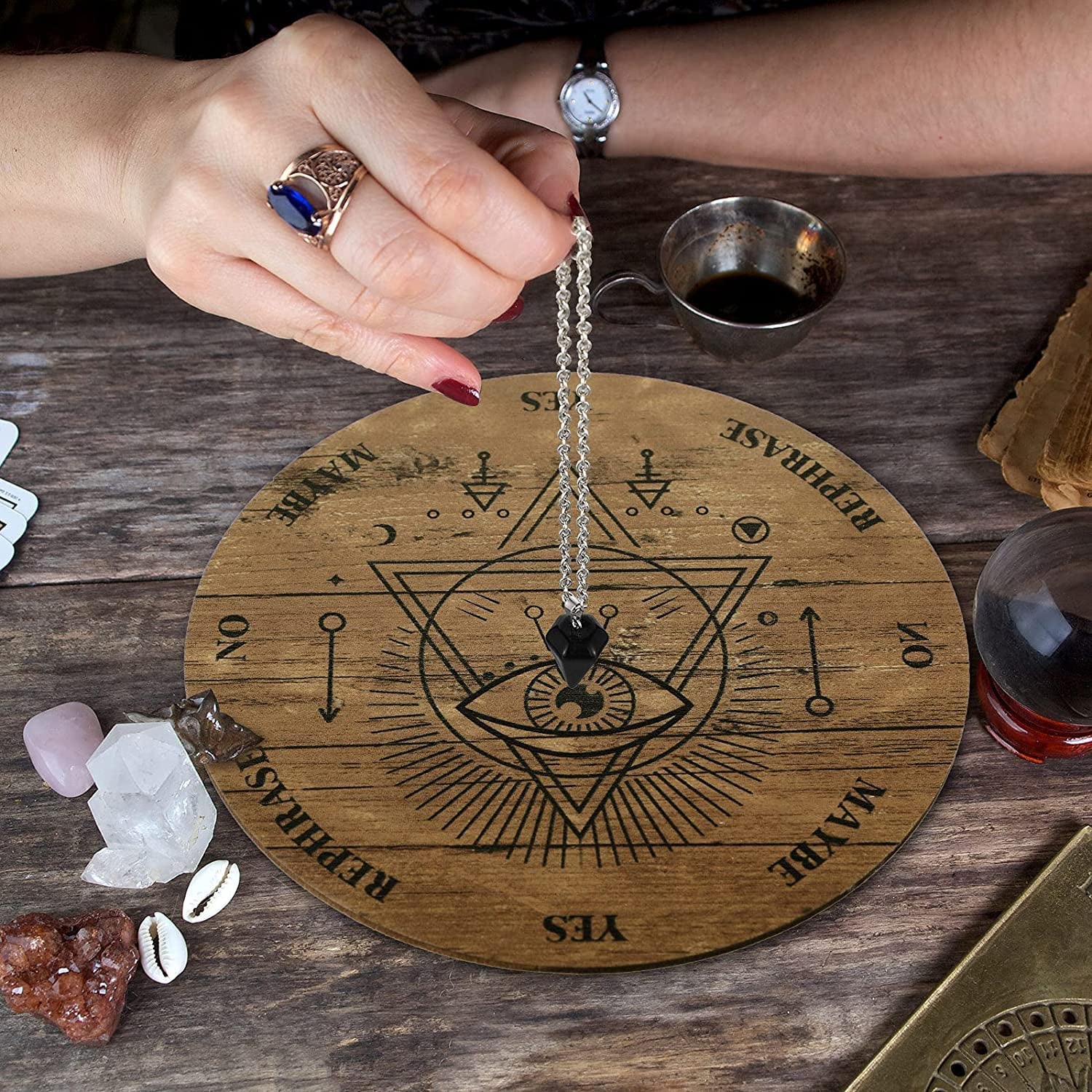 Pendulum Board Set Wooden Dowsing Divination Board Metaphysical Message with Crystal Divinity Pendulum Necklace for Witchcraft Wiccan Wand Altar Supplies, 3.9 Inch(Wood Color)