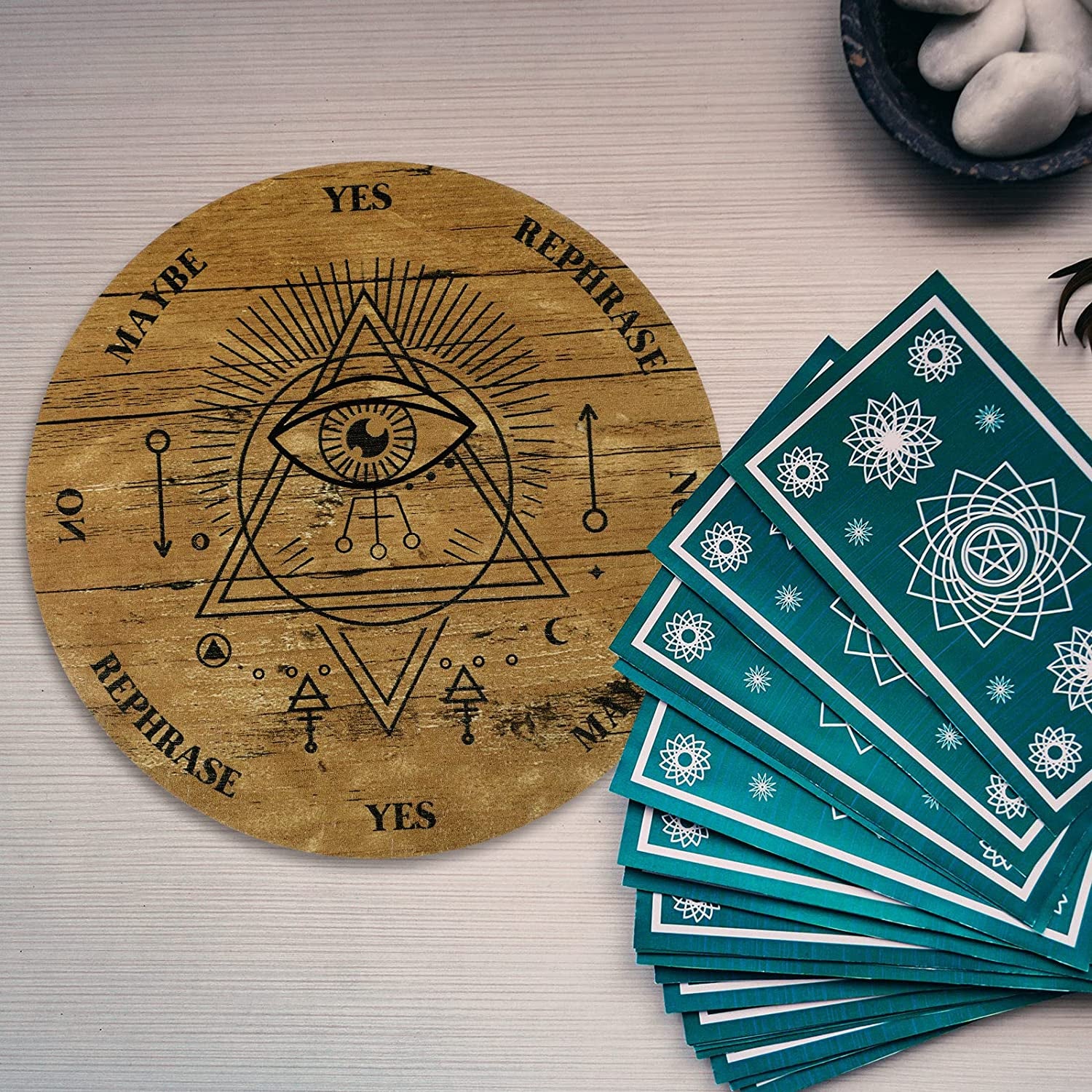 Pendulum Board Set Wooden Dowsing Divination Board Metaphysical Message with Crystal Divinity Pendulum Necklace for Witchcraft Wiccan Wand Altar Supplies, 3.9 Inch(Wood Color)