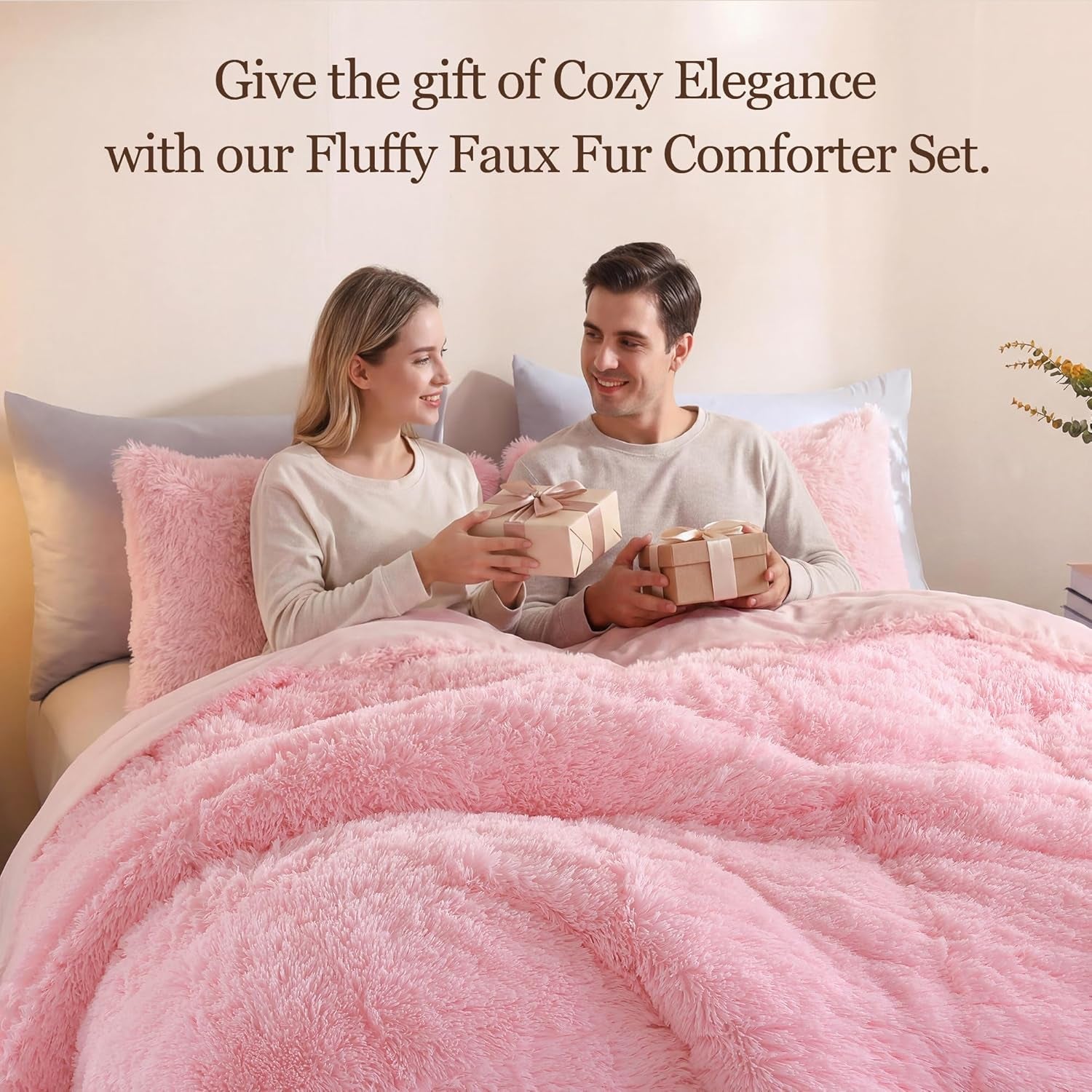 Fluffy Queen Comforter Set, Faux Fur Pink Comforter Set Queen Size, Luxury Fuzzy Bedding Set, Soft Shaggy Bed Set Pink for All Season, 3 Pieces - 1 Comforter & 2 Pillowcases