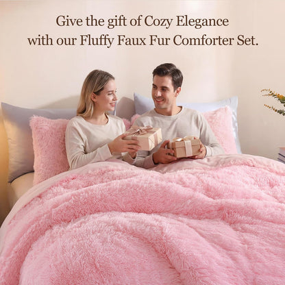 Fluffy Queen Comforter Set, Faux Fur Pink Comforter Set Queen Size, Luxury Fuzzy Bedding Set, Soft Shaggy Bed Set Pink for All Season, 3 Pieces - 1 Comforter & 2 Pillowcases