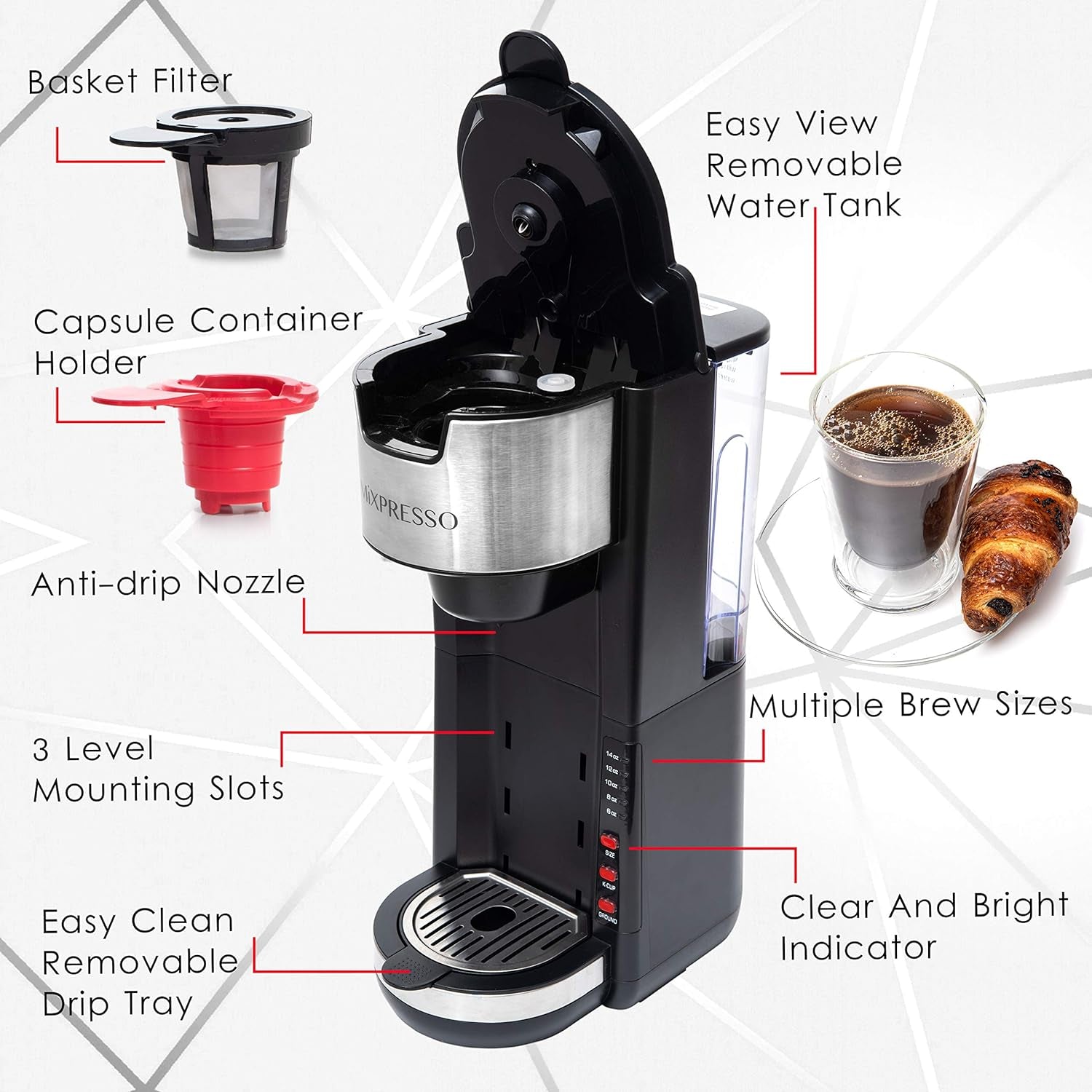 Black Single Serve Coffee Brewer K-Cup Pods Compatible & Ground, 30 Oz Compact Coffee Maker Single Serve with 5 Brew Sizes up to 14 Oz, Fits Travel Mug, Adjustable Drip Tray